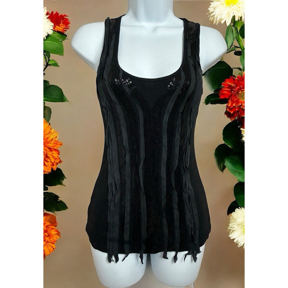 Express Sexy Basic Black Ribbed Tank Top Sz Small Sequin Scoop Neck Shirt - Picture 1 of 6